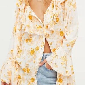 Free People Floral Blouse - Cream and Orange
